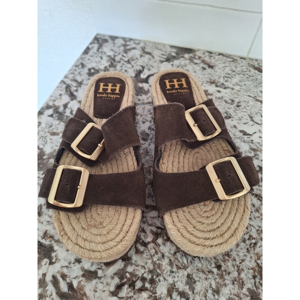 Haute Hippie Brown Suede Beige Textile Sandals with Gold Buckles Size‎ 7.5M